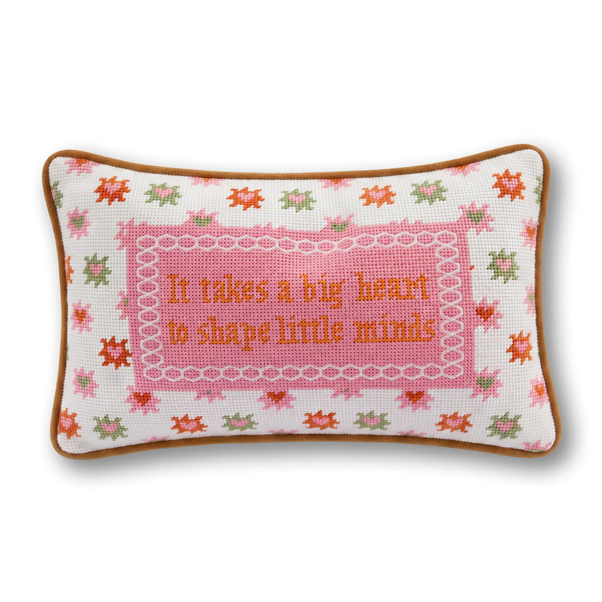 Needlepoint heart slogan throw pillow with pink panel and multicolor stitched border