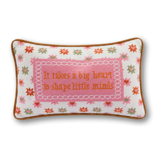 Needlepoint heart slogan throw pillow with pink panel and multicolor stitched border