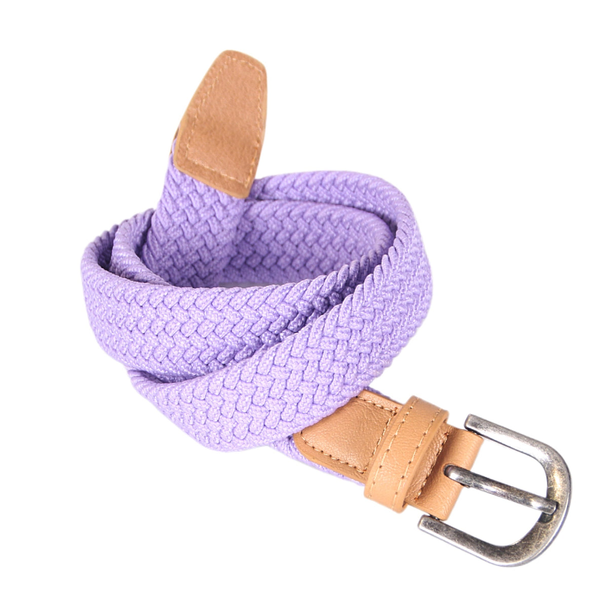 Girls' lavender braided stretch belt with tan leather ends and metal buckle