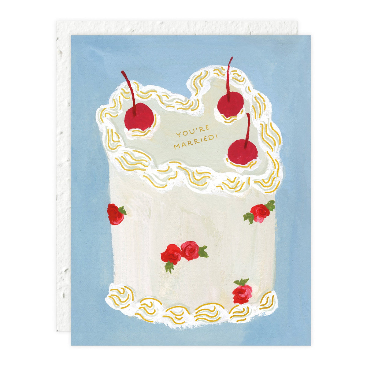 Newlyweds greeting card with blue cover, cream border, red candles, and 'You're married!'
