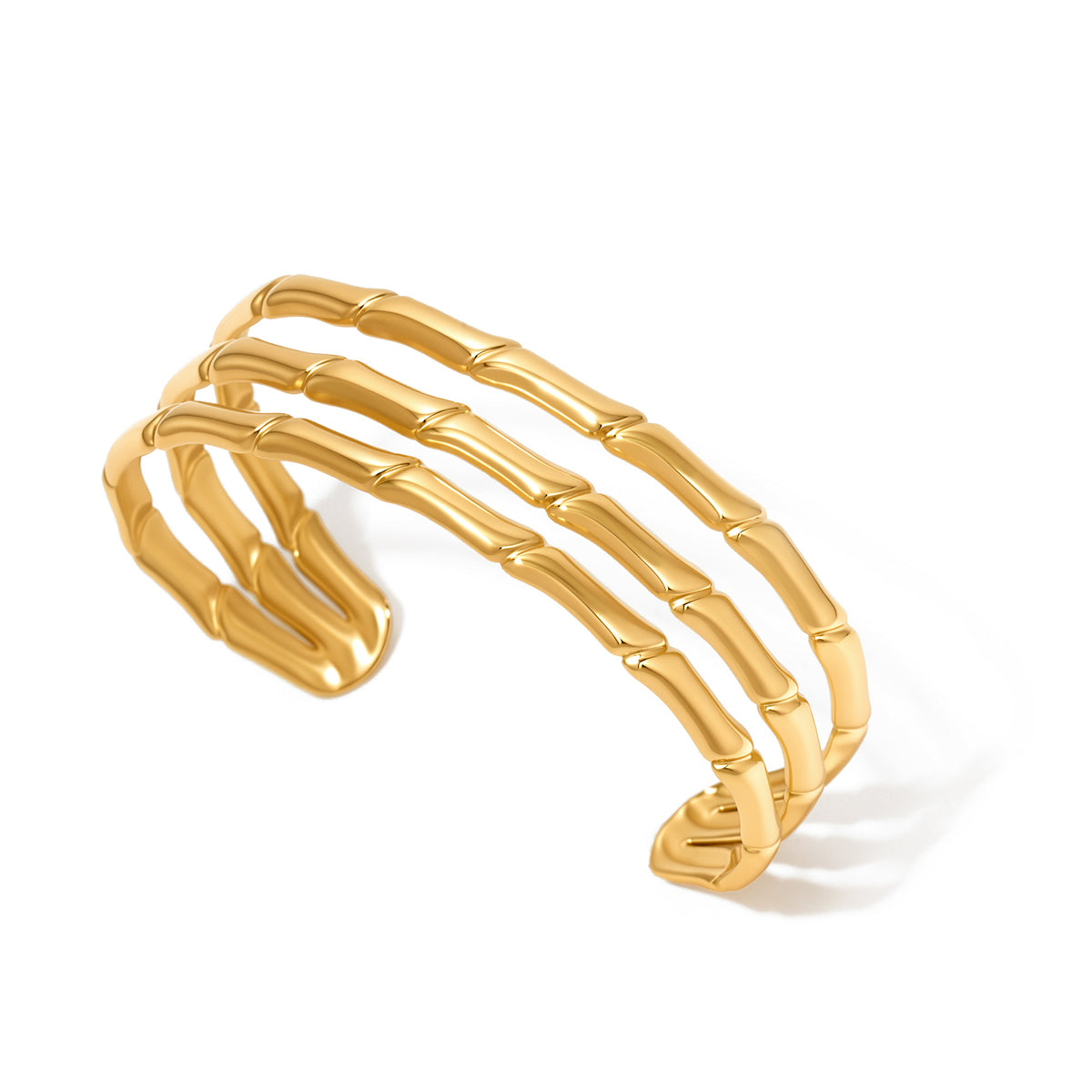 Gold bamboo tier open bangle bracelet with curved stacked bars, wide open cuff