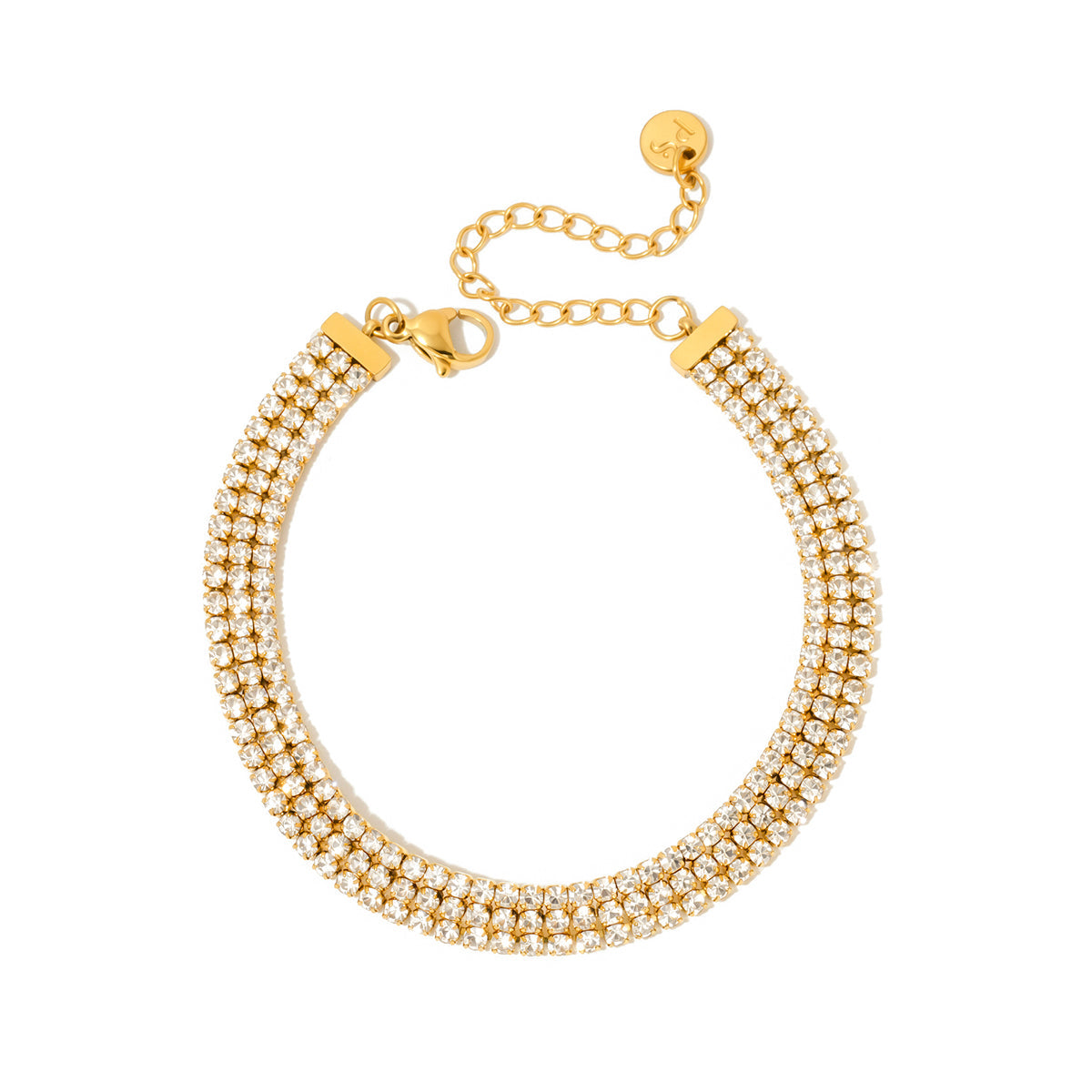 Gold layered tennis bracelet with rhinestone rows and lobster clasp