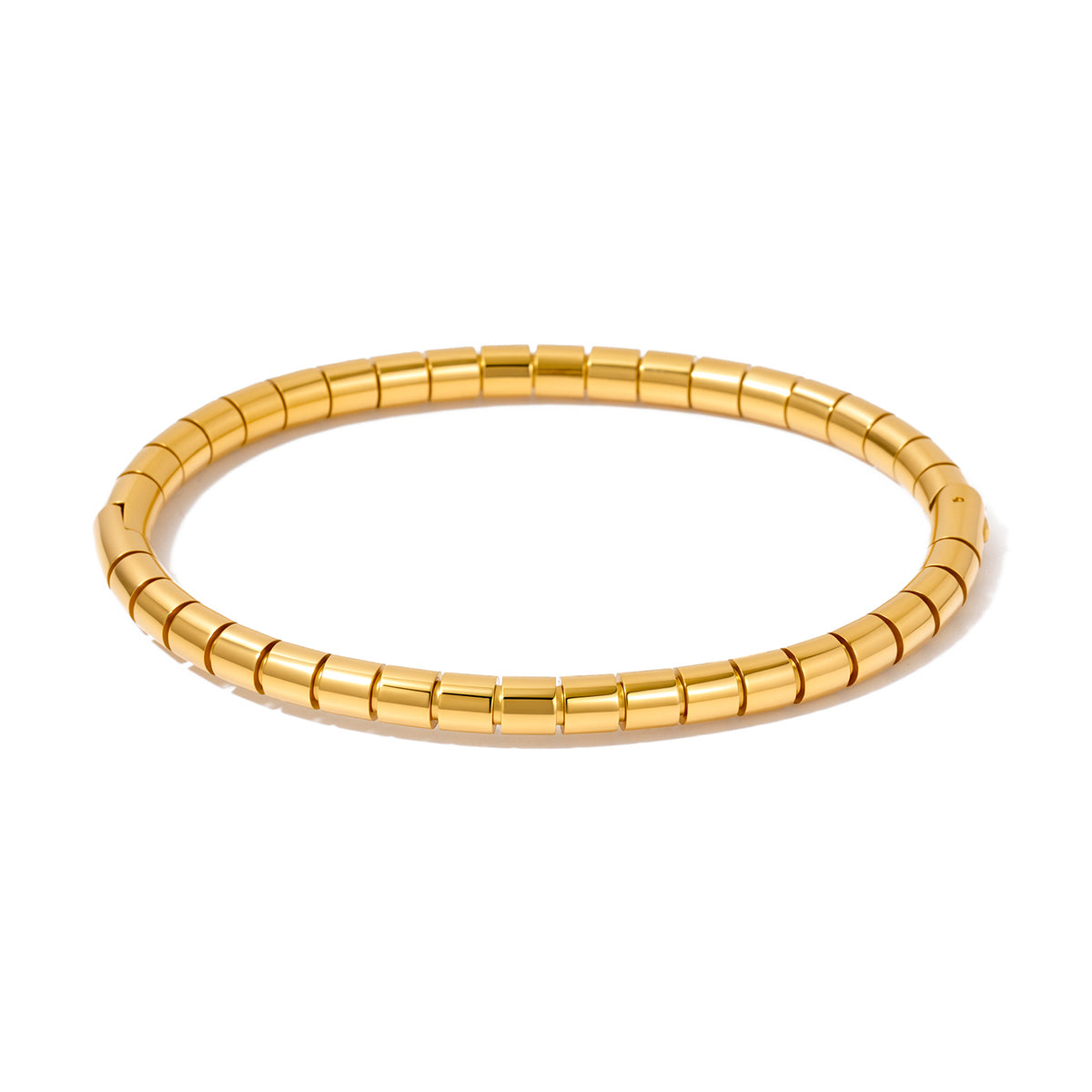 Gold hinged bangle bracelet with rows of segmented metal links