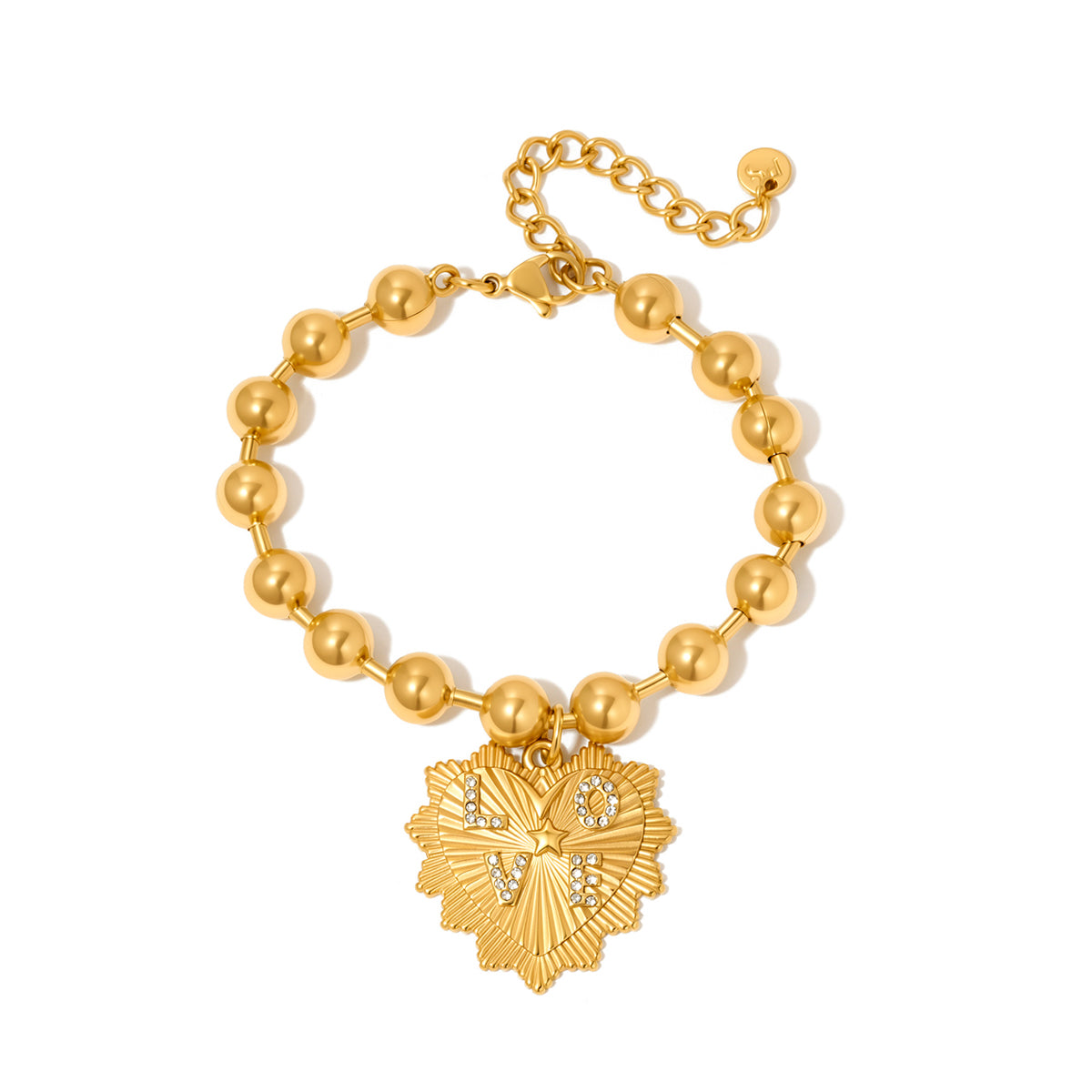 Gold-tone bead bracelet with chain clasp and sunburst heart charm