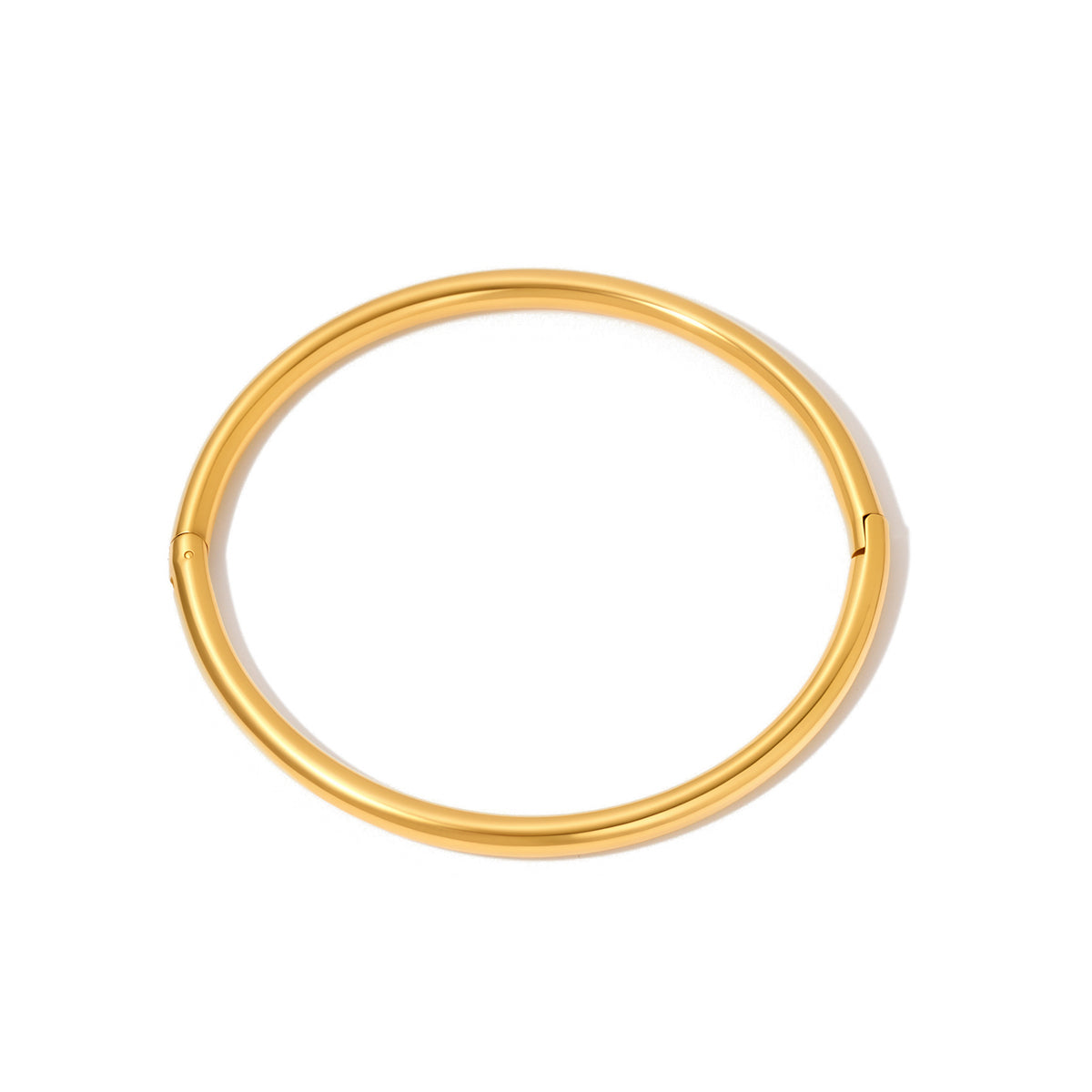 Gold bangle bracelet, smooth round cuff with minimal end details