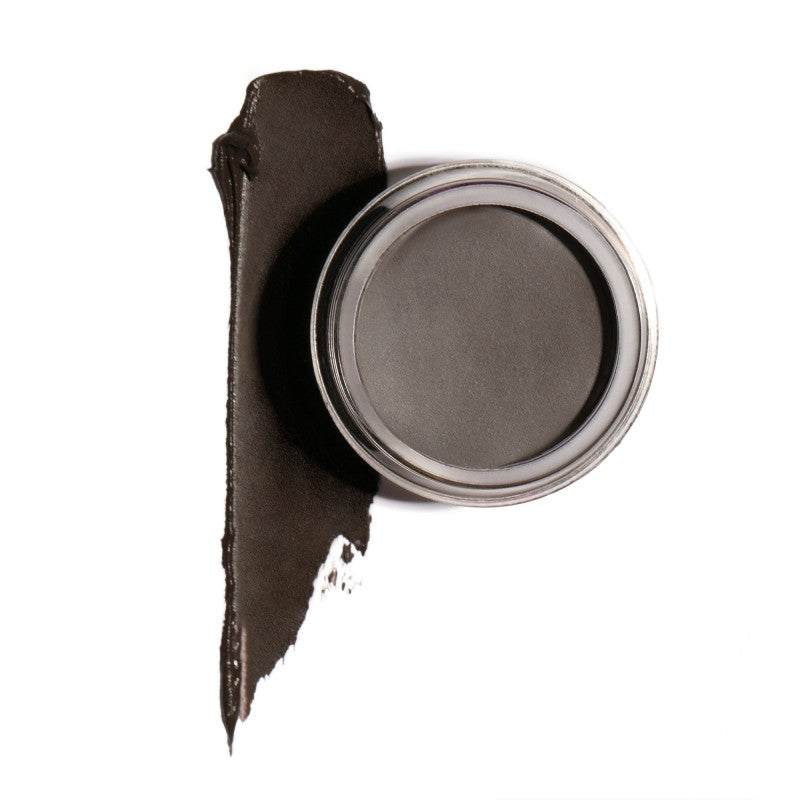 Brow liner gel jar with dark gray gel smear swatch