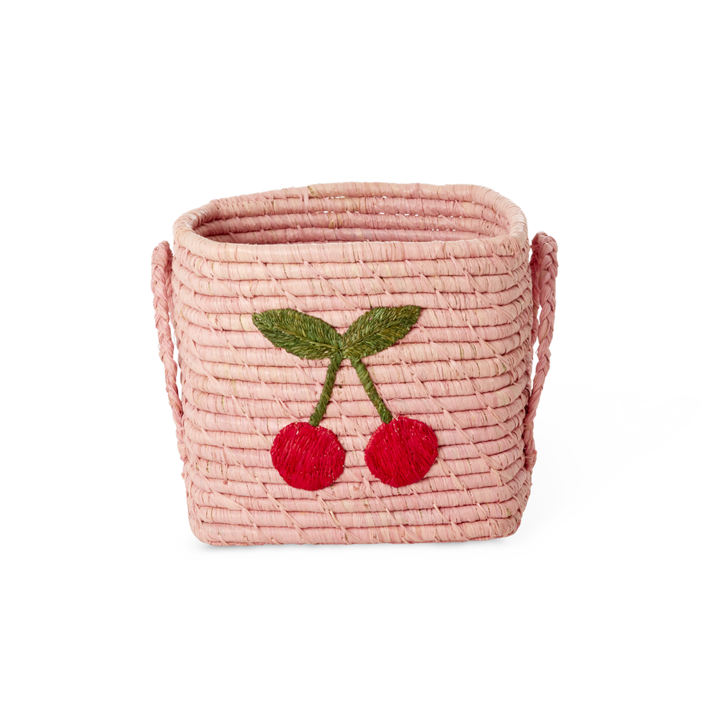 Pink square raffia basket with stitched cherry graphic and rope handle rim