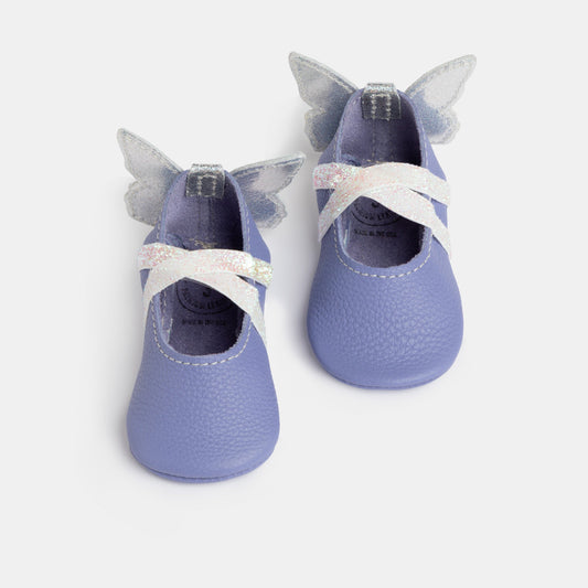 Lilac baby ballet slippers with glitter bow, ribbon tie, and scalloped butterfly wings