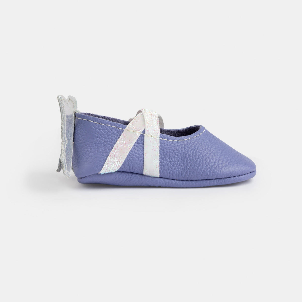 Lilac baby ballet slippers with side ribbon strap and soft leather-look upper