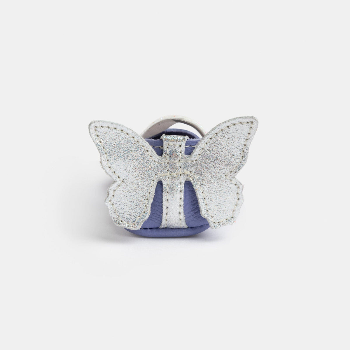 Lilac baby ballet slippers with glitter butterfly bow and fabric-lined opening