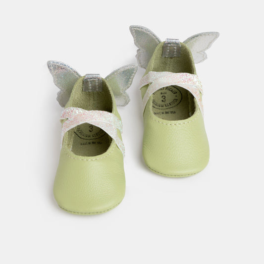 Baby ballet slippers in mint green with glitter butterfly wings and bow strap