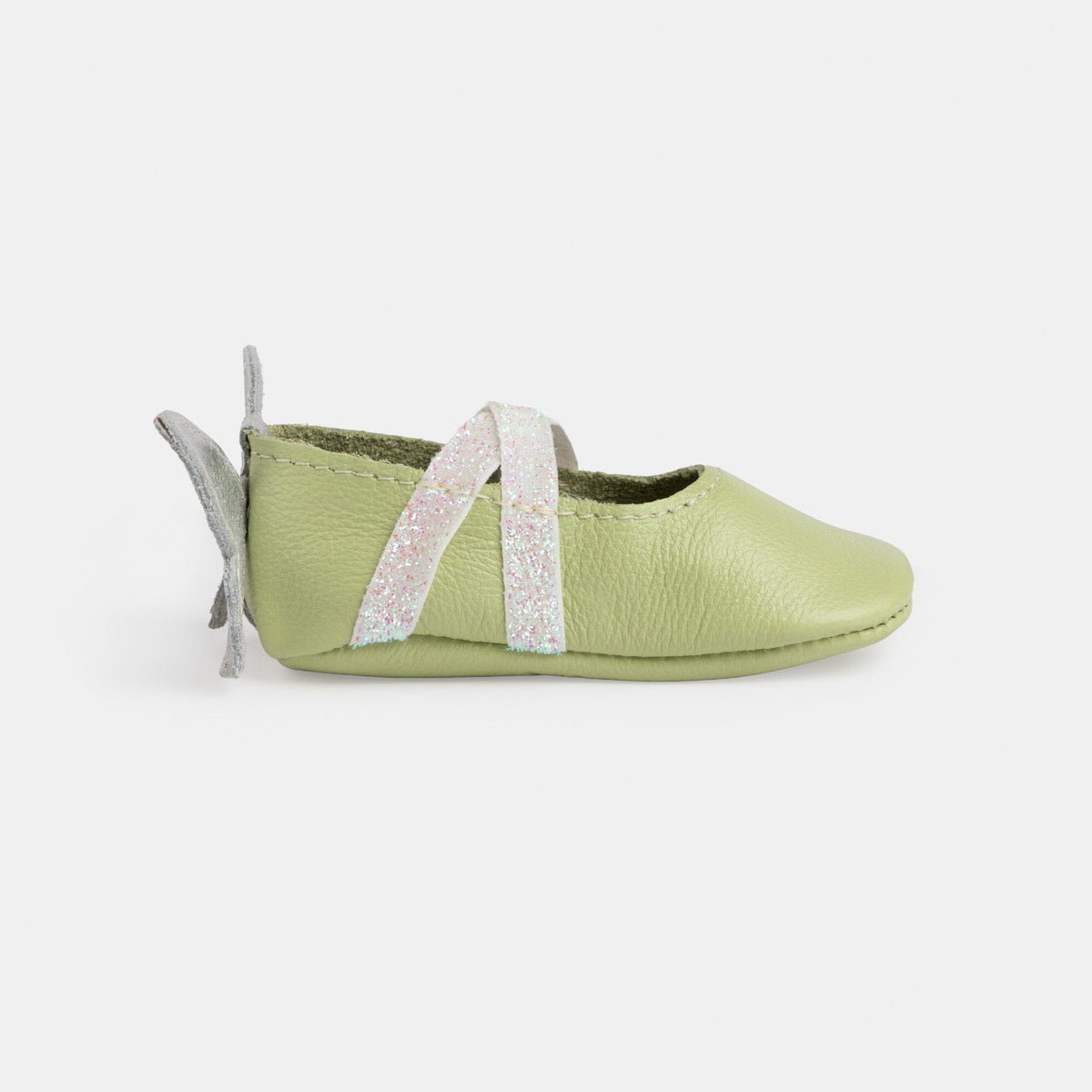 Mint baby ballet slipper with glitter ribbon strap and small butterfly wing accents