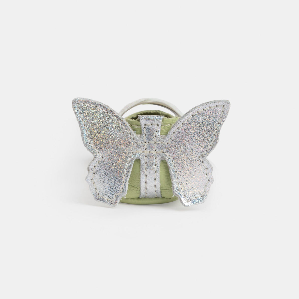 Sparkly butterfly-wing baby ballet slipper with mint lining and ribbon strap