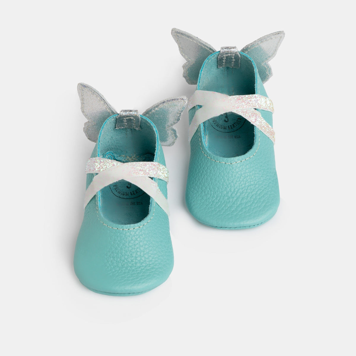 Turquoise baby ballet slipper shoes with bow-tie glitter straps