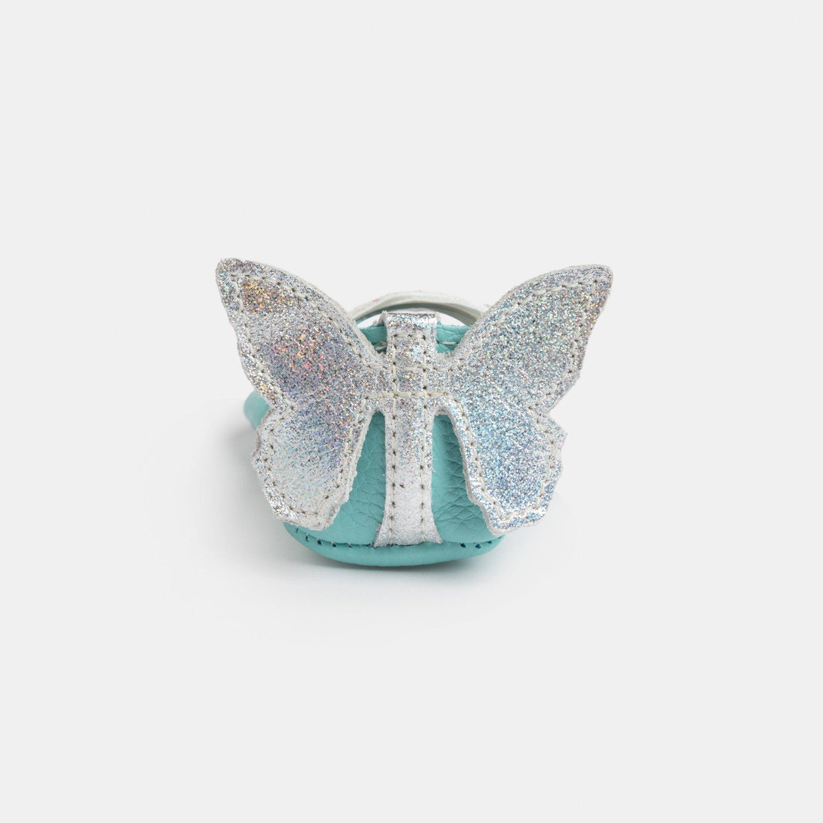 Turquoise baby ballet slipper shoe with glitter bow and white ribbon