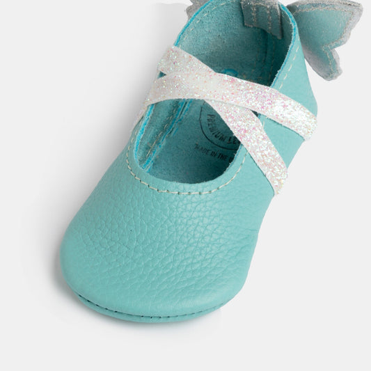 Turquoise baby ballet slipper shoe with glitter ribbon and bow detail