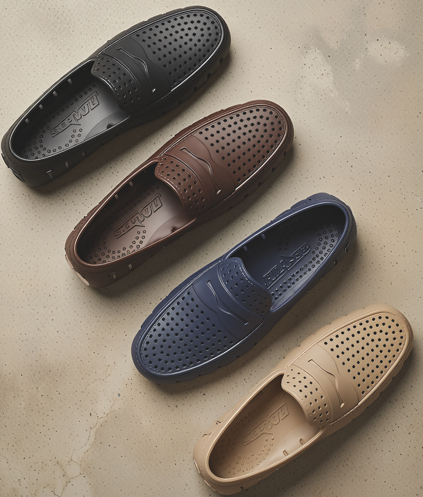 Set of perforated slip-on loafers in dark brown, navy, and tan