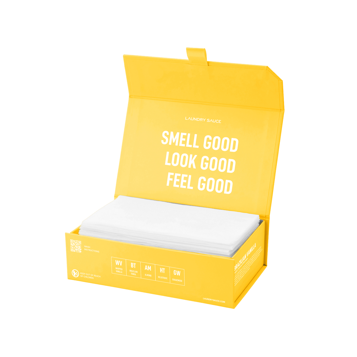 Yellow scented dryer sheet box with lid open, showing folded white sheets inside