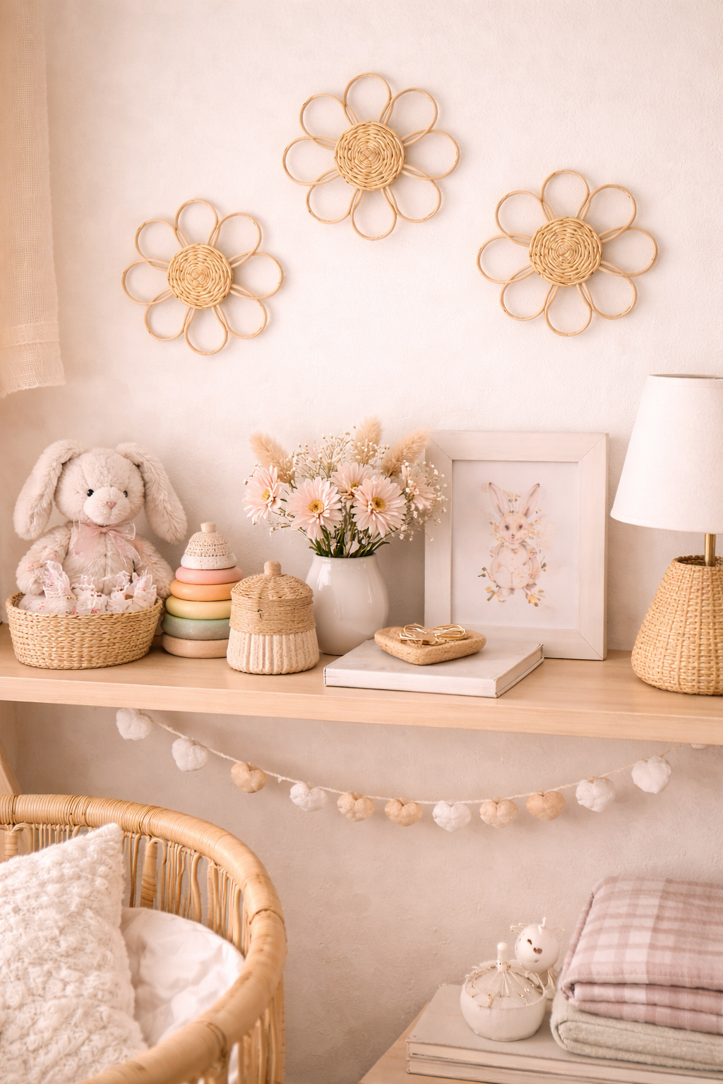 Three natural rattan flower wall decorations with looped petals and woven centers