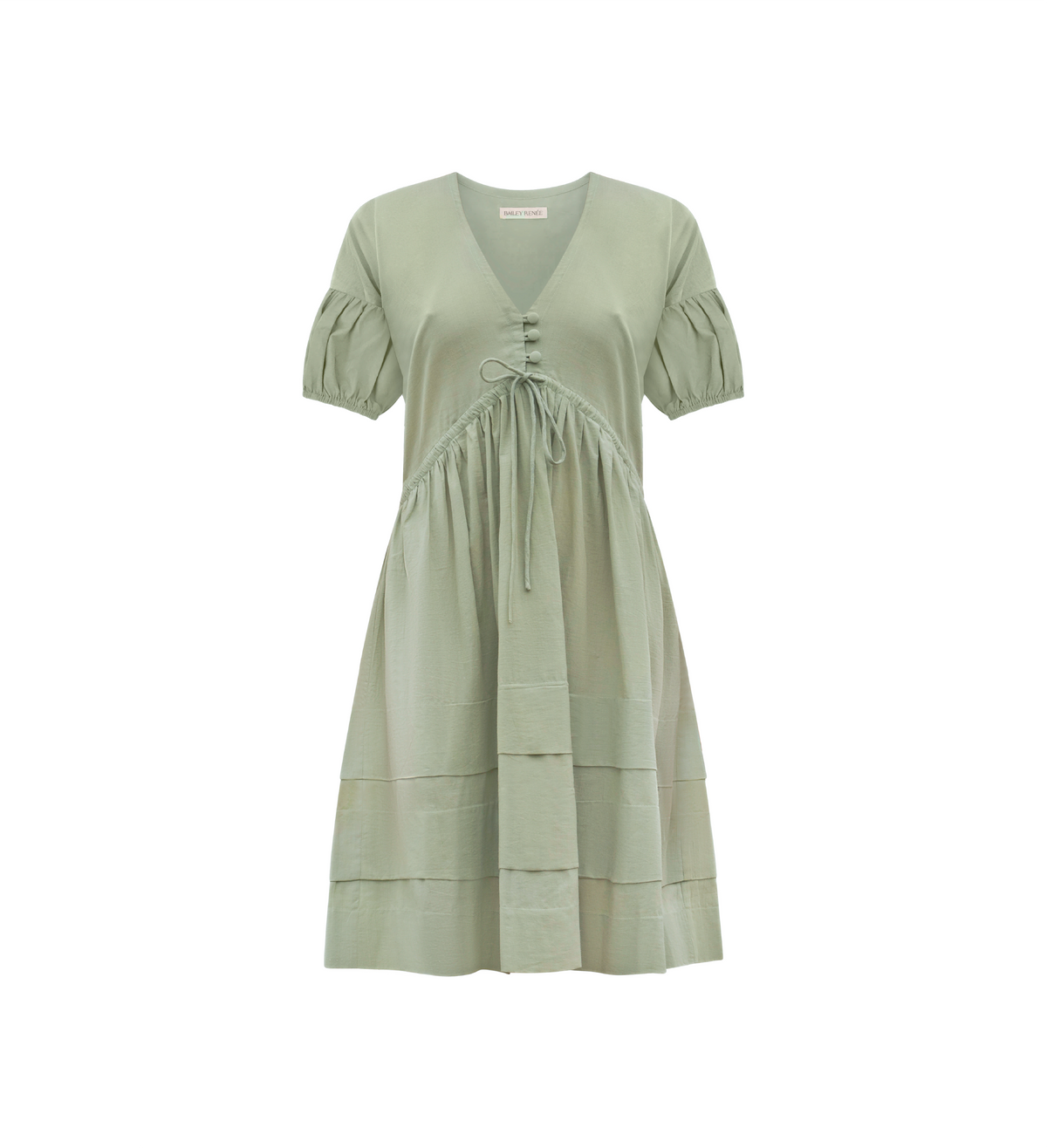 Pale sage Poet Dress with puff sleeves, gathered waist, and a tiered midi skirt