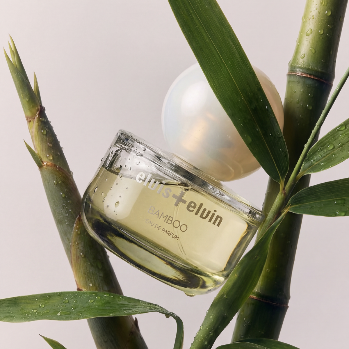 Bamboo eau de parfum bottle angled among green bamboo stalks and leaves