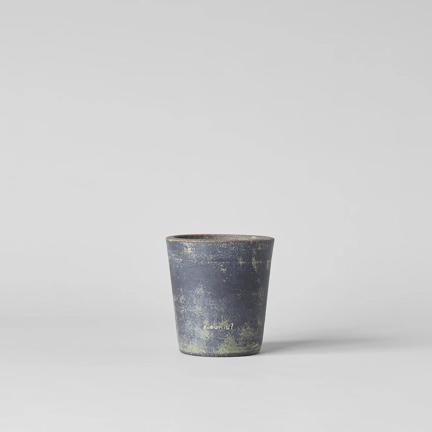 Grey patina terra cotta planter pot, rounded tapered cylinder with speckled finish