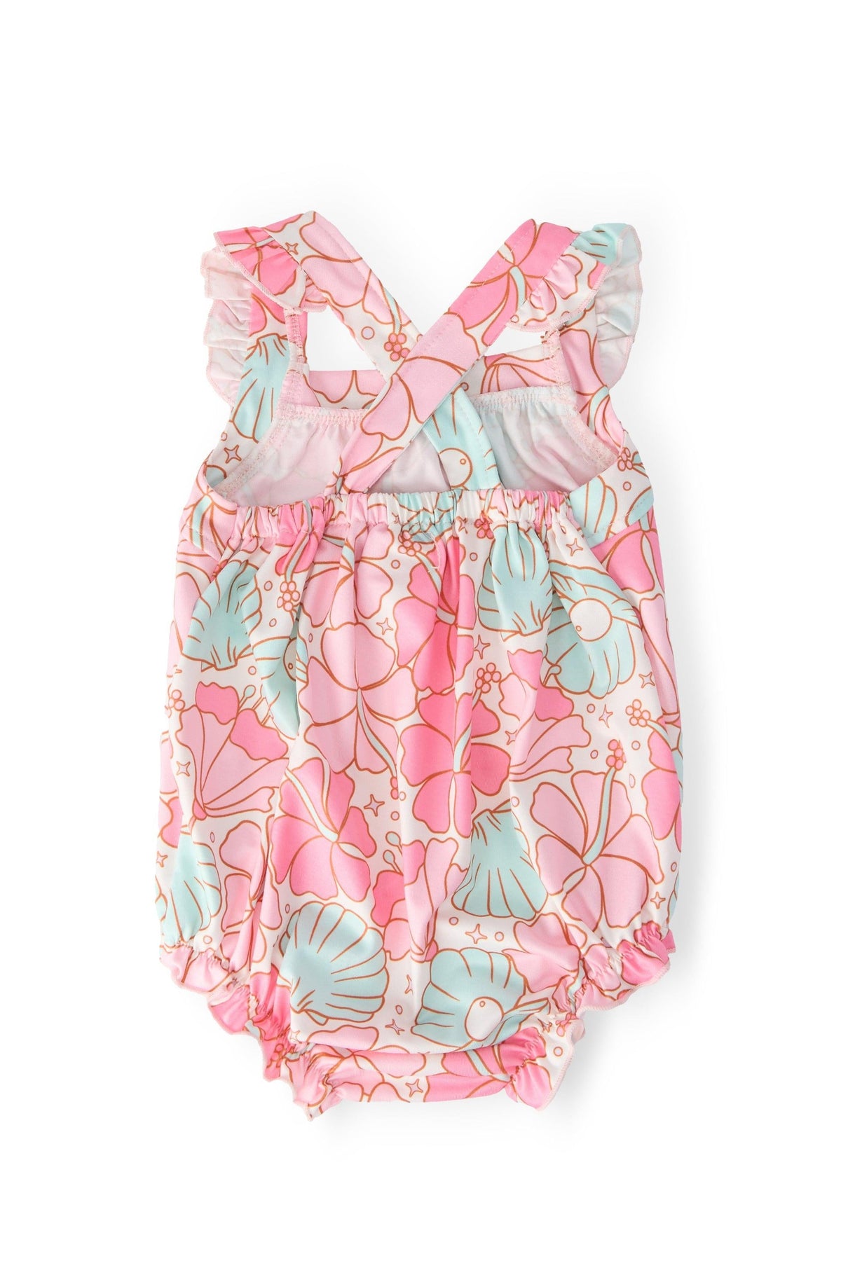 Pink and turquoise floral ruffle romper with cross-back tie straps and elastic waist.