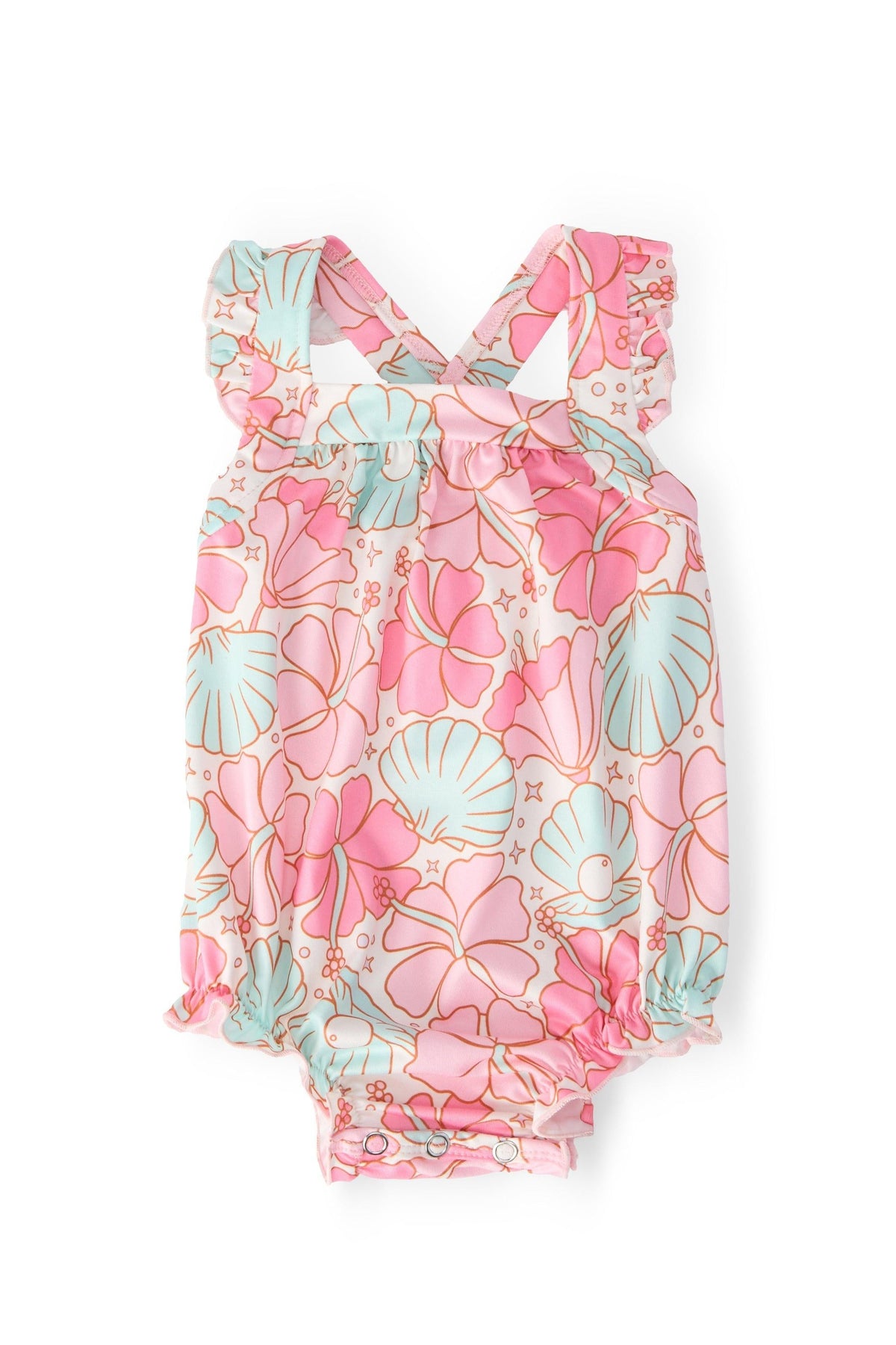 Ruffle cross-back romper in pink and turquoise floral print, gathered waist and snaps.