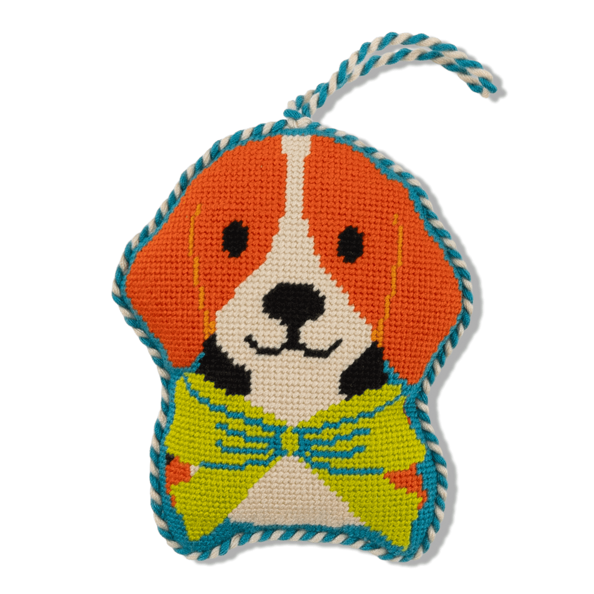Beagle needlepoint ornament with orange face, cream muzzle, and teal stitched border