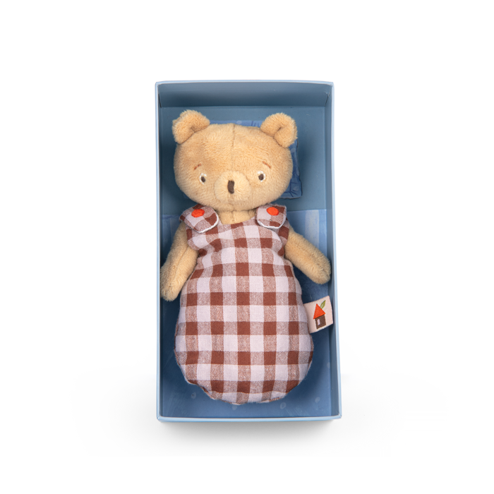 Plush bear doll in brown-and-white checkered dress inside blue gift box