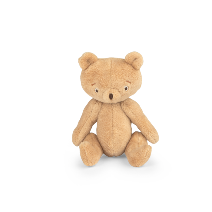 Beige plush teddy bear with round ears and stitched face