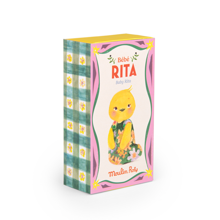 Rita the duck plush toy product box with colorful illustrated packaging