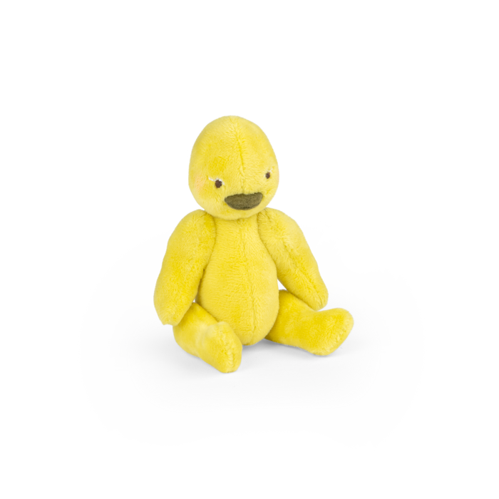 Seated yellow duck plush toy with a soft, textured body
