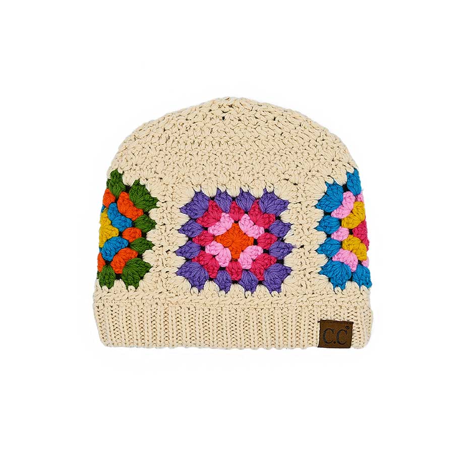 C.C multicolor crochet beanie with beige body and colorful square patches
