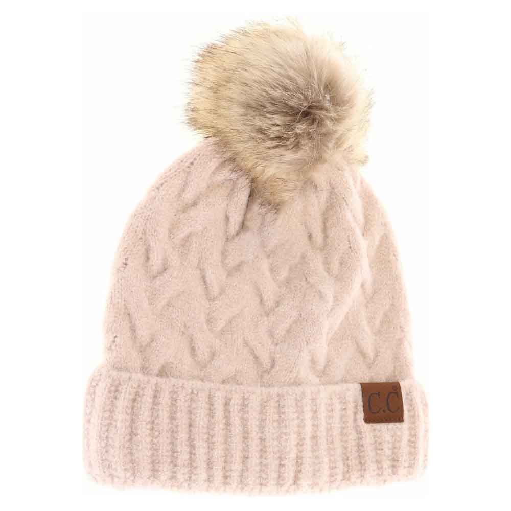Chunky cable knit beanie with faux fur pom-pom, beige, ribbed cuff and C.C. patch