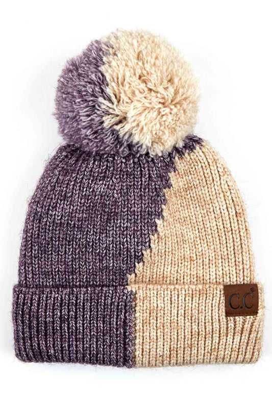 Two-tone knit beanie with pom, dark purple and beige panels, C.C leather patch