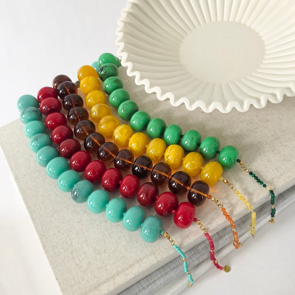 Multi-color beaded necklace with teal, yellow, red and brown beads