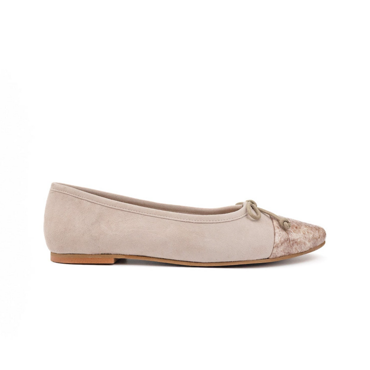 Taupe suede ballet flat with a textured contrasting toe and bow detail, side view