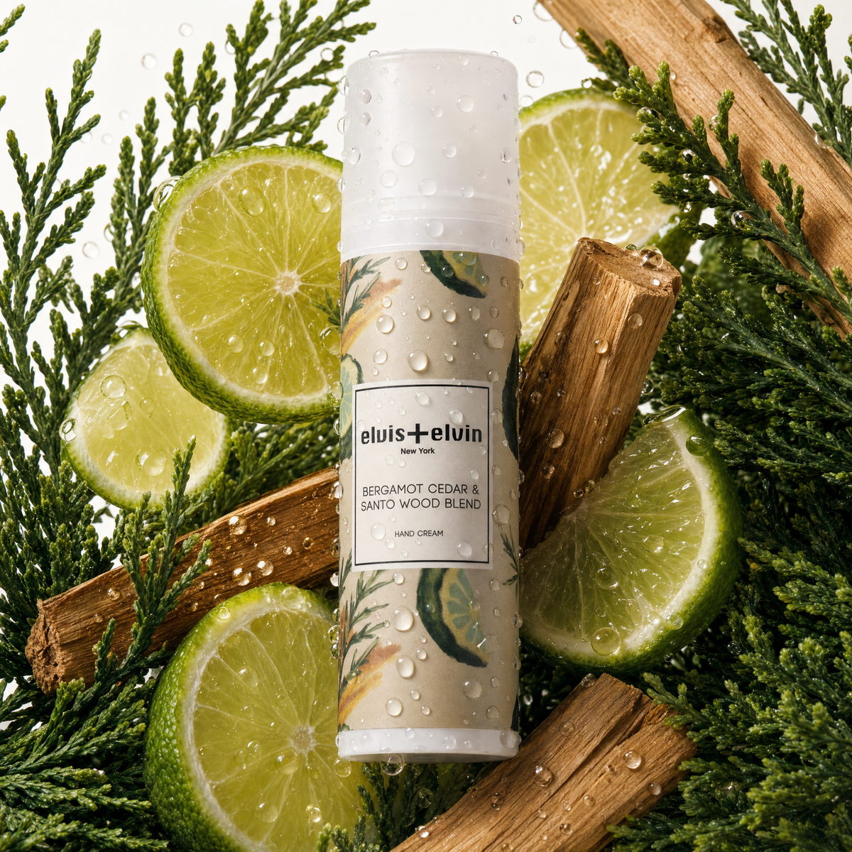 elvis+elvin hand cream bottle with label, citrus and cedar wood elements