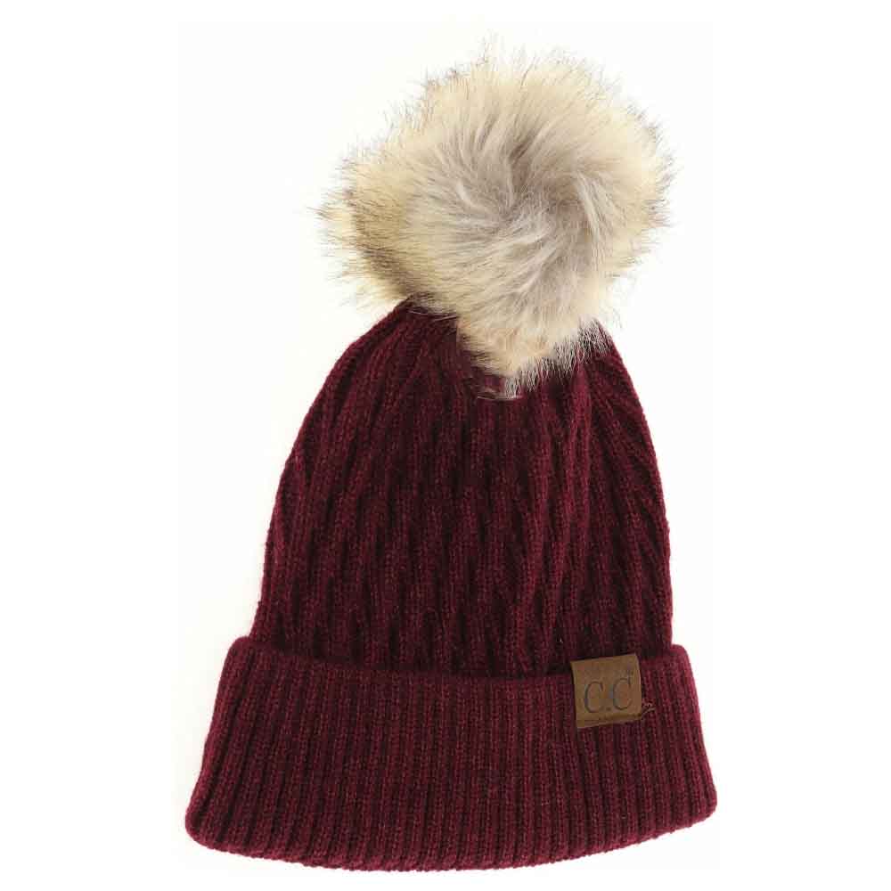 Burgundy textured knit beanie with faux fur pom-pom and C.C label patch