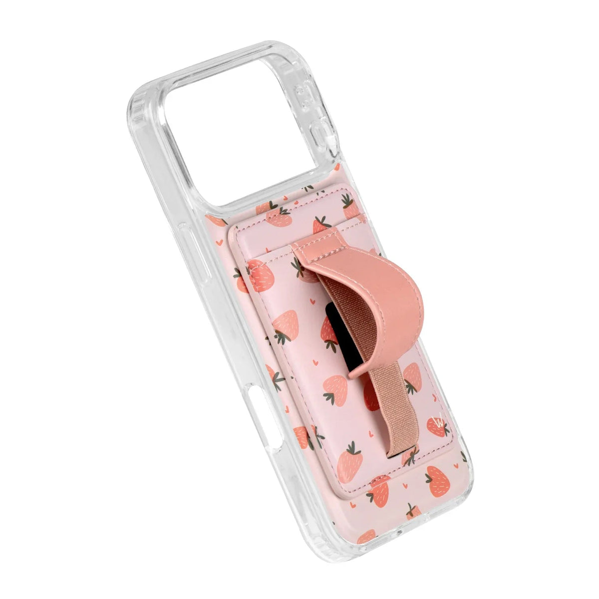 Strawberry print magnetic wallet with wrist strap, shown in clear phone cover case