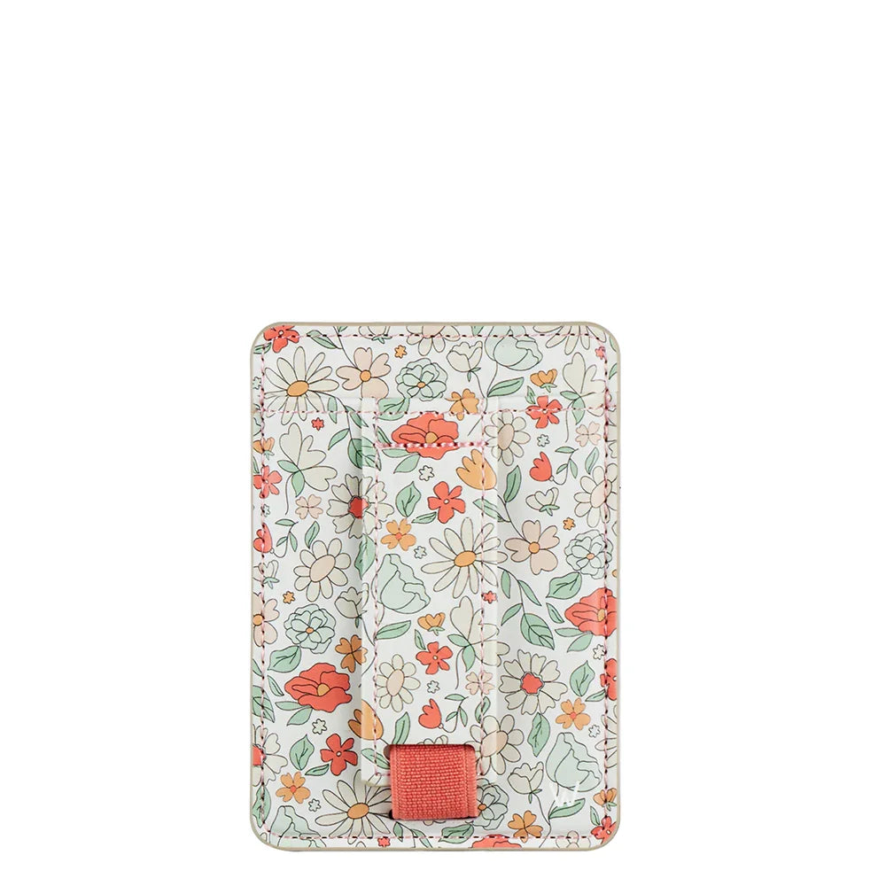 Floral magnetic wallet with red snap tab, slim fabric case