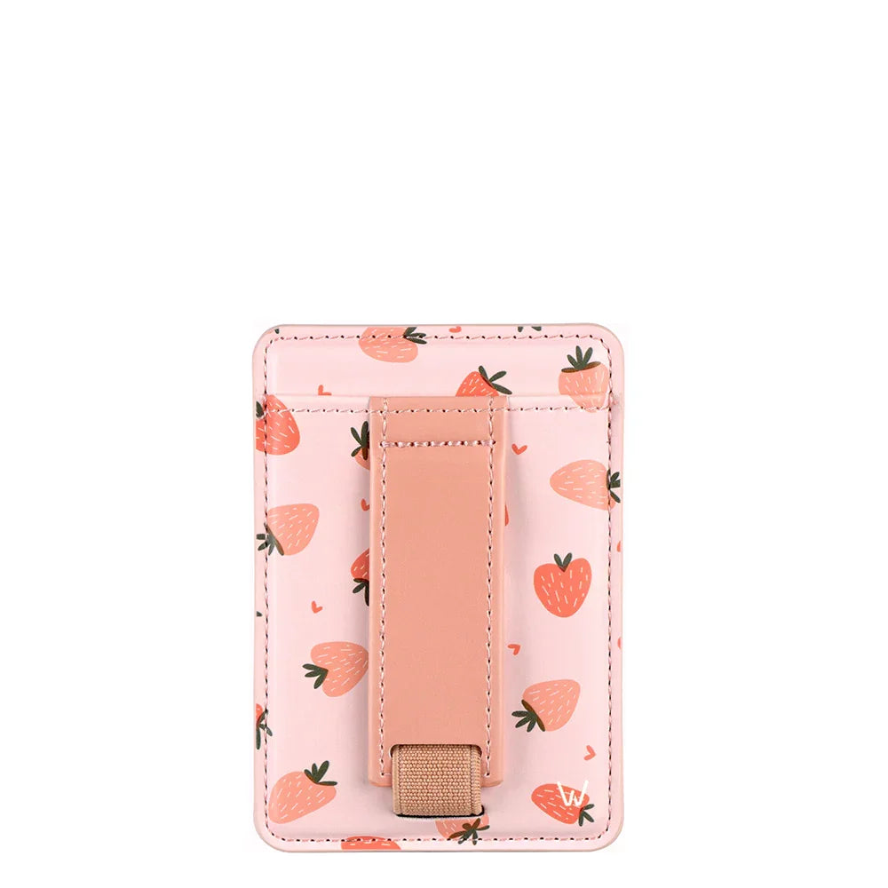 Pink magnetic card wallet with strawberry print, front pocket and metal snap closure