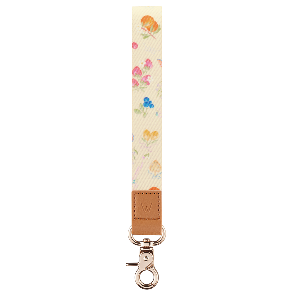 Beige berry-print wrist lanyard with brown leather tab, keyring clasp, and swivel hook
