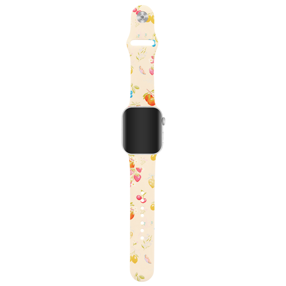 Light yellow floral watch strap with metal buckle and watch cutout