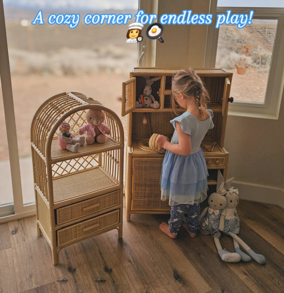 Montessori-Style Rattan Play Kitchen | Natural Pretend Play Station with Storage FREE SHIPPING
