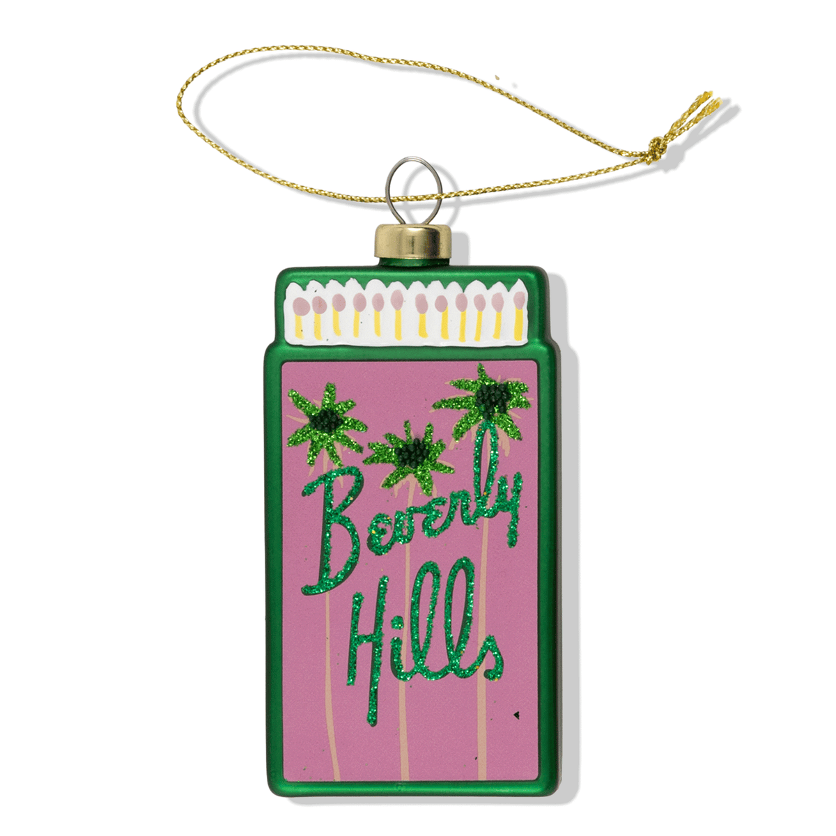 Green-trim matchbook ornament with pink panel reading 'Beverly Hills' and hanging loop