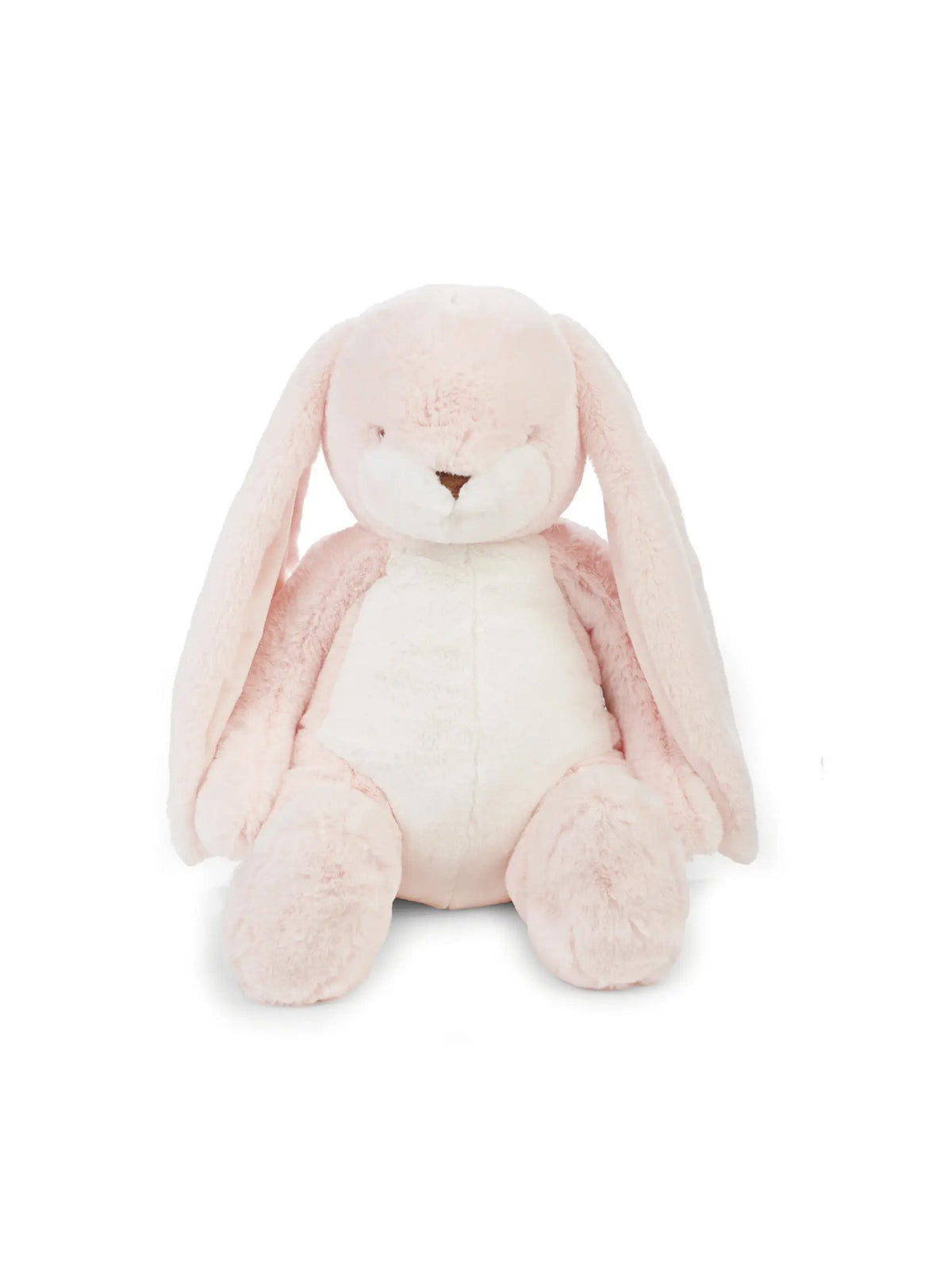 Pink plush bunny with long ears, white belly and muzzle, soft stuffed toy