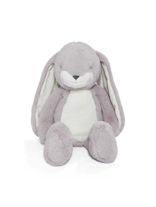 Lilac plush bunny with long ears, white belly and muzzle, soft stuffed toy