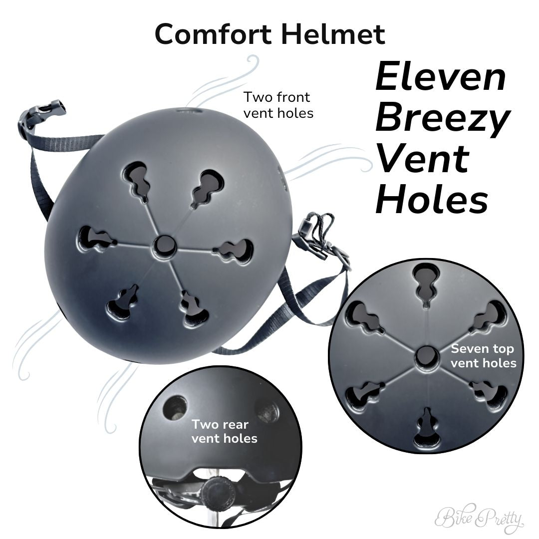 Bike helmet diagram showing vent holes and strap placement on grey helmet shell